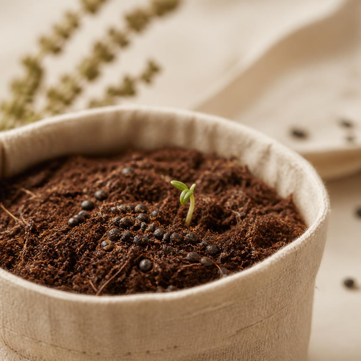 A first tulsi sprout emerging from cocopeat inside the Aarambh grow bag