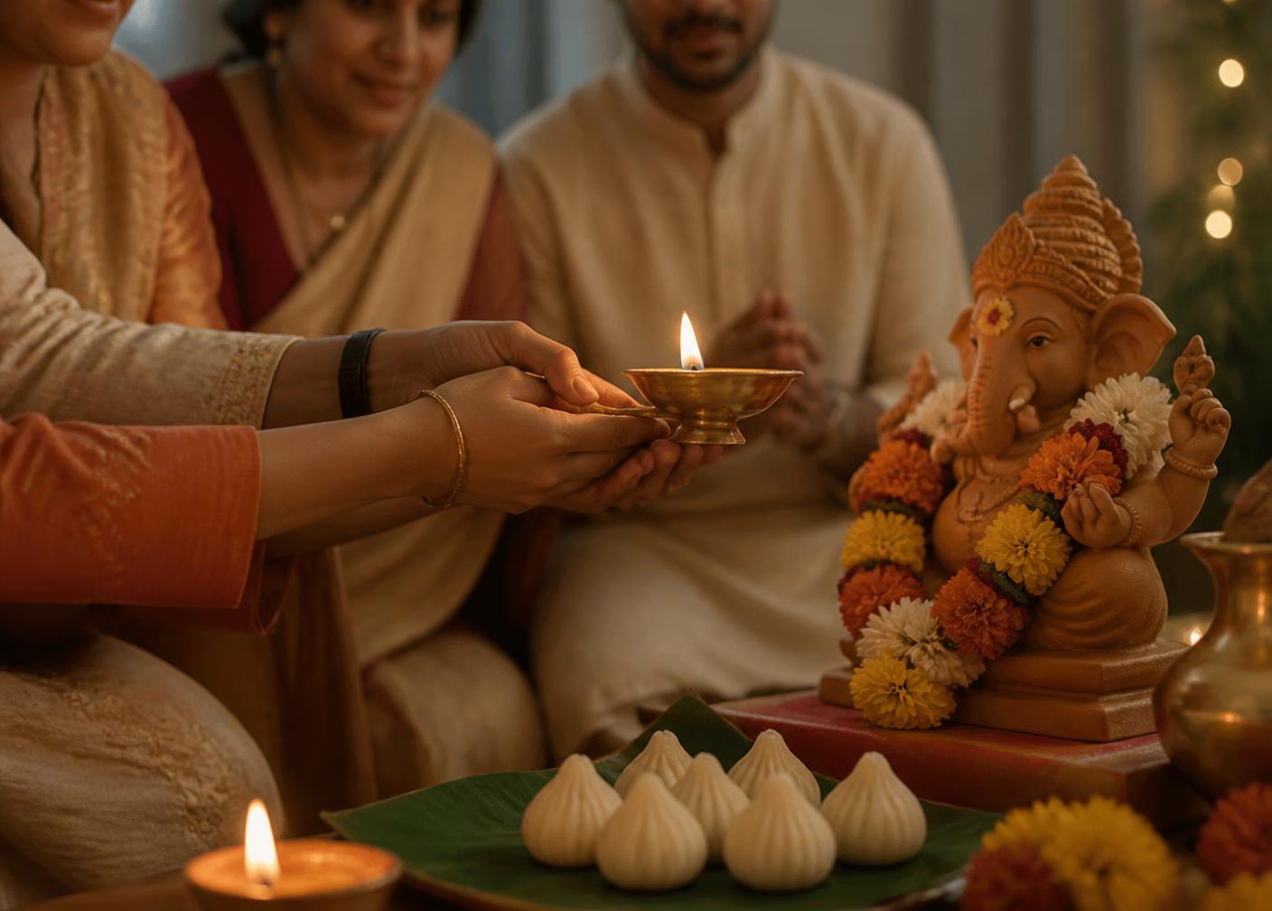 A family performing aarti with a brass lamp before a clay Ganesha at home